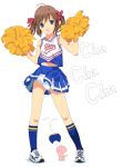  1girl belly_peek blue_eyes blush brown_hair cat cheerleader fan mibu_natsuki midriff navel open_mouth original panties paper_fan pom_poms short_hair skirt skirt_lift smile solo twintails underwear wind_lift 