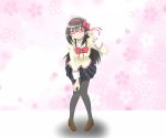  1girl akemi_homura black_hair blush bow closed_mouth glasses hair_bow hand_on_own_knee highres long_hair looking_at_viewer mahou_shoujo_madoka_magica pantyhose petals pink_eyes school_uniform skirt smile teina 