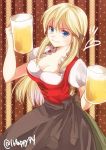  &gt;:) 1girl alcohol alternate_costume beer beer_mug bismarck_(kantai_collection) blonde_hair blue_eyes breasts cleavage dirndl heart holding iroha_(shiki) kantai_collection long_hair looking_at_viewer no_hat short_sleeves smile solo standing traditional_clothes twitter_username 