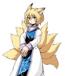  1girl animal_ears blonde_hair dress expressionless fox_ears fox_tail multiple_tails no_hat short_hair simple_background tabard tail tako_(plastic_protein) touhou white_background yakumo_ran yellow_eyes 