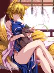  1girl alternate_costume animal_ears blonde_hair breasts cat cat_teaser chen chen_(cat) china_dress chinese_clothes crossed_legs fox_ears fox_tail hat highres large_breasts legs looking_at_viewer moneti_(daifuku) multiple_tails no_panties short_hair sitting smile solo tail touhou yakumo_ran yellow_eyes 