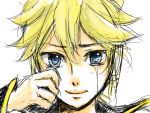  1boy ataru_(7noise) blonde_hair blue_eyes kagamine_len looking_at_viewer male sketch smile solo tears vocaloid wiping_face 