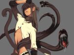  1boy androgynous black_gloves creature gloves highres long_hair midriff navel one_side_up original saliva solo tentacles wadani_hitonori 