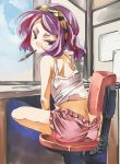  1girl bloomers butt_crack clouds desk grey_eyes hairband legs_folded looking_at_viewer original pen purple_hair short_hair sitting sky solo swivel_chair t-shirt underwear window yohane 