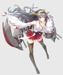  1girl bare_shoulders black_hair blush brown_eyes detached_sleeves frilled_skirt frills hairband haruna_(kantai_collection) japanese_clothes kantai_collection long_hair looking_at_viewer personification ribbon-trimmed_sleeves ribbon_trim skirt smile solo thighhighs zi_se 