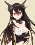  1girl bare_shoulders black_hair blush breasts cleavage elbow_gloves gloves hair_ornament hairband headgear kantai_collection long_hair midriff mirakuruone nagato_(kantai_collection) open_mouth personification red_eyes solo torn_clothes 