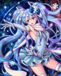  1girl armpits blue_eyes blue_hair breasts elbow_gloves gloves hand_on_own_chest hatsune_miku long_hair open_mouth outstretched_arm scarf sideboob skirt snowflakes solo thigh-highs twintails very_long_hair vocaloid yuki_miku yumiyokiak 
