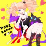  1girl ;) blue_eyes boots bow breasts cleavage crossover dangan_ronpa enoshima_junko hair_ornament liepard long_hair mattya_uni monokuma nail_polish necktie one_eye_closed pink_hair pokemon sableye school_uniform skirt sleeves_rolled_up smile solo spoilers twintails wink 