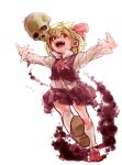 1girl :d blonde_hair blouse darkness hair_ribbon open_mouth outstretched_arms red_eyes ribbon rumia shiro_(hakukosui) short_hair skirt skull smile spread_arms touhou vest 