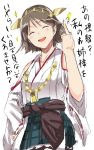  1girl absurdres bare_shoulders brown_hair closed_eyes detached_sleeves facing_viewer hairband hand_on_hip hiei_(kantai_collection) highres japanese_clothes kantai_collection middle_finger neropaso nontraditional_miko open_mouth personification short_hair skirt smile solo sparkle translated 