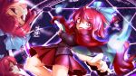  1girl blush bow breasts cape disembodied_head fang fumitsuki_(minaduki_6) hair_bow long_sleeves magic_circle open_mouth red_eyes redhead sekibanki short_hair skirt smile solo touhou 