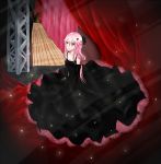  1girl backstage bare_shoulders black_dress black_gloves dress elbow_gloves gloves guilty_crown hair_ornament hairclip highres long_hair looking_at_viewer makeup pink_hair red_eyes sitting solo twintails yuzuriha_inori 