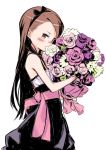  1girl blush bouquet brown_eyes brown_hair flower hairband idolmaster kuroboshi_kouhaku long_hair looking_at_viewer minase_iori rough simple_background solo white_background 