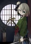  1girl alternate_costume alternate_hairstyle asameshi flat_gaze frown green_eyes hair_ribbon head_tilt indoors japanese_clothes katana kimono konpaku_youmu leaf looking_at_viewer ribbon samurai short_hair silver_hair solo sword topknot touhou unsheathed vase wakizashi weapon window wrist_wraps 