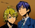  2boys ahoge blazer blonde_hair blue_hair genderswap green_eyes hoshii_miki idolmaster juu_(juuzi) kisaragi_chihaya multiple_boys necktie rough_time_school school_uniform yellow_eyes 