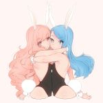  +_+ 2girls animal_ears bare_shoulders blue_eyes blue_hair blush breast_press breasts bunny_girl bunny_tail bunnysuit detached_collar elin_(tera) long_hair looking_at_viewer multiple_girls naso4 pink_eyes pink_hair rabbit_ears small_breasts smile symbol-shaped_pupils symmetrical_docking tail tera_online wrist_cuffs 