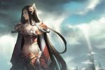  1girl armor bird black_eyes black_hair breasts cleavage clouds cloudy_sky eirashard frown highres irelia league_of_legends long_hair long_sleeves looking_to_the_side midriff navel sky solo 