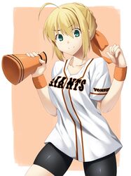  1girl ahoge baseball_uniform blonde_hair braid clothes_writing fate/stay_night fate_(series) french_braid green_eyes hair_ribbon highres looking_at_viewer megaphone ribbon saber short_hair skylader smile solo sportswear wristband yomiuri_giants 