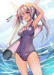  1girl artist_name blue_hair blush breasts fang hair_ribbon highres i-19_(kantai_collection) kantai_collection long_hair looking_at_viewer ocean one_eye_closed open_mouth personification pink_eyes ribbon school_swimsuit sketch solo suidengetsu swimsuit torpedo twintails wink 