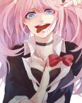  1girl :p blue_eyes bow breasts cleavage dangan_ronpa enoshima_junko hair_ornament long_hair nail_polish necktie pink_hair school_uniform sleeves_rolled_up solo spoilers tongue tongue_out twintails vegg 