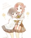  2girls :d blush brown_clothes brown_eyes brown_hair brown_skirt cardigan_vest copyright_name diary english fujimiya_kaori green_ribbon hair_bun holding hug isshuukan_friends kotono_(pixiv2943202) multiple_girls neck_ribbon notebook open_mouth ribbon school_uniform short_hair simple_background skirt smile standing white_background yamagishi_saki 