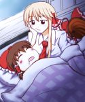  3girls blonde_hair blouse bow brown_hair chin_rest drooling dual_persona hair_bow hair_tubes hakurei_reimu long_hair lowres multiple_girls necktie older open_mouth rumia short_hair sleeping touhou younger 