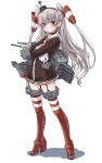  1girl amatsukaze_(kantai_collection) blush crossed_arms dd_(ijigendd) garter_straps gloves highres kantai_collection long_hair looking_at_viewer personification red_eyes red_legwear rensouhou-kun school_uniform serafuku silver_hair simple_background standing striped striped_legwear thighhighs white_background white_gloves zettai_ryouiki 