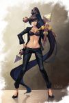  1girl alternate_costume black_hair black_pants bow_(weapon) bra brown_eyes crossbow eirashard full_body glasses hand_on_hip high_heels jacket league_of_legends long_hair long_sleeves looking_at_viewer open_clothes open_jacket ponytail shauna_vayne smile solo standing underwear weapon 