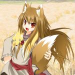  1girl :d animal animal_ears brown_hair fang field fox hand_on_hip holo long_hair open_mouth red_eyes smile spice_and_wolf tachi_yure tail tail_hold wheat wheat_field wolf_ears wolf_tail 