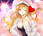  1girl ahri alternate_costume alternate_hair_color animal_ears asamiyajy blonde_hair breasts character_name cleavage facial_mark fox_ears fox_tail hat heart jacket jewelry league_of_legends long_hair long_sleeves multiple_tails necklace one_eye_closed open_mouth smile solo tail wink yellow_eyes 