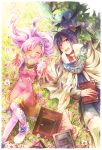  1boy 1girl ao2222 blue_eyes blue_hair book choker closed_eyes creature flower forehead_jewel keele_zeibel long_hair lying meredy outstretched_hand pantyhose ponytail purple_hair quickie robe skirt smile tales_of_(series) tales_of_eternia twintails white_legwear 