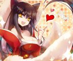  1girl ahri animal_ears asamiyajy black_hair breasts character_name cleavage detached_sleeves fox_ears fox_tail heart japanese_clothes large_breasts league_of_legends long_hair long_sleeves low_neckline multiple_tails open_mouth smile solo tail yellow_eyes 