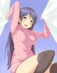  1girl :d black_legwear blush breasts curtain_grab curtains deyuuku green_eyes long_hair love_live!_school_idol_project low_twintails open_mouth purple_hair ribbed_sweater smile solo sweater thighhighs toujou_nozomi twintails 