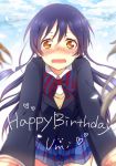 1girl black_hair blush brown_eyes character_name embarrassed happy_birthday heart hina long_hair looking_at_viewer love_live!_school_idol_project neck_ribbon open_mouth petals ribbon school_uniform skirt sky solo sonoda_umi striped striped_ribbon 