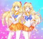  2girls ;d aino_minako aqua_background bishoujo_senshi_sailor_moon blonde_hair blue_eyes bow brooch choker dual_persona elbow_gloves gloves gradient gradient_background hair_bow half_updo hand_on_hip jewelry katou_sami long_hair magical_girl multiple_girls open_mouth orange_skirt pink_background pleated_skirt ribbon sailor_collar sailor_moon_musical sailor_venus skirt smile star white_gloves wink 