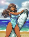  1girl avatar:_the_last_airbender beach blue_eyes breasts brown_hair competition_swimsuit contemporary covered_navel dark_skin hair_down hair_tubes k-y-h-u korra large_breasts legend_of_korra long_hair ocean one-piece_swimsuit sideboob smile solo surfboard swimsuit taut_clothes taut_swimsuit toned 