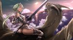  1girl breasts clouds dark_elf dark_skin dragon elf green_hair highres lance long_hair looking_at_viewer looking_back original pointy_ears polearm sky solo tea_(nakenashi) thighhighs weapon 