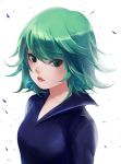 1girl bangs blue_dress dress eyebrows eyebrows_visible_through_hair flipped_hair green_eyes green_hair looking_at_viewer one-punch_man parted_lips revision short_hair sketch solo stellarism tatsumaki upper_body white_background 