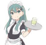  1girl alternate_costume apron aqua_eyes aqua_hair black_necktie blush_stickers drinking_glass enmaided hair_ornament hairclip holding kantai_collection long_hair looking_at_viewer maid maid_apron maid_headdress musical_note necktie short_sleeves simple_background smile solo standing suzuya_(kantai_collection) totoki86 tray white_background 