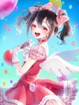  1girl angel_wings balloon black_hair bow choker dress hair_bow looking_at_viewer love_live!_school_idol_project microphone open_mouth poison916 red_eyes solo twintails wings yazawa_nico 