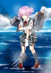  1girl bike_shorts blue_eyes cannon clouds damaged gloves hair_ornament kantai_collection kubyou_azami ocean personification pink_hair ponytail school_uniform shiranui_(kantai_collection) shirt short_hair short_sleeves skirt solo torn_clothes torpedo turret vest water white_gloves 