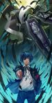  arisato_minato blue_eyes blue_hair highres nanaya_(daaijianglin) persona persona_3 pointing school_uniform sword thanatos weapon yuuki_makoto 