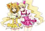  2girls blonde_hair choker cure_peach cure_pine dress earrings eyelashes fresh_precure! frilled_dress frills hair_ornament hair_ribbon happy heart heart_hair_ornament jewelry long_hair looking_at_viewer magical_girl momozono_love multiple_girls open_mouth orange_dress orange_eyes orange_hair pink_dress pink_eyes ponytail precure ribbon ribbon-trimmed_clothes ribbon_trim shijima_(agkm) short_hair side_ponytail simple_background sketch smile standing twintails white_background wrist_cuffs yamabuki_inori 