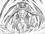  armor cape duel_monster helmet looking_at_viewer monochrome nasubino raiza_the_storm_monarch solo yuu-gi-ou 