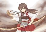  1girl akagi_(kantai_collection) archery arka arrow bow_(weapon) brown_eyes brown_hair flight_deck japanese_clothes kantai_collection kyuudou long_hair muneate open_mouth personification quiver radio_antenna single_glove skirt smile solo thigh-highs weapon white_legwear yugake 