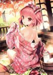  1girl :o absurdres back bare_legs bare_shoulders bow from_behind hair_bow hair_ribbon highres japanese_clothes kimono kimono_pull looking_at_viewer looking_back nardack off_shoulder onsen open_mouth original pink_eyes pink_hair ribbon short_hair sitting solo undressing water yukata 