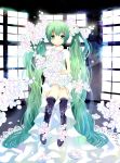  1girl flower green_eyes green_hair hatsune_miku kneehighs long_hair sitting solo twintails very_long_hair vocaloid yazawan 