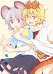  2girls animal_ears blonde_hair brown_hair capelet dra fang gem grey_hair hair_ornament jewelry long_sleeves mouse_ears multiple_girls nazrin necklace_removed open_mouth pendant pink_eyes shirt skirt smile tiger_print toramaru_shou touhou wide_sleeves yellow_eyes 