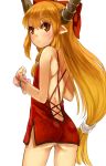  1girl alternate_costume ass blush bow highres horns ibuki_suika long_hair nishiuri orange_eyes orange_hair panties pointy_ears rough simple_background slit_pupils solo touhou underwear white_background white_panties 