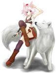  1girl animal animal_ears black_bra black_legwear blush boots bra collarbone fang highres inubashiri_momiji looking_away midriff miniskirt open_mouth red_eyes shield short_hair silver_hair skirt small_breasts solo sword touhou underwear weapon wolf wolf_ears 